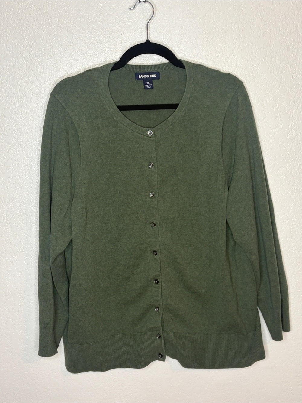 Lands End Green Classic Crew Neck Cardigan Size 2X (20-22) Timeless Minimalist